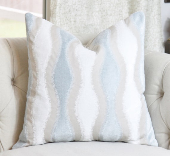 Blue Geometric Pillow Cover Light Blue White and Beige Cut