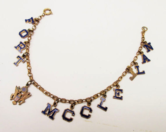 Fort Mcclellan charm bracelet brass chain blue enamel cha cha souvenier bangle