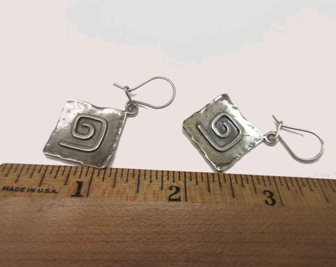 Sterling Silver Dangle Earrings - Hammer Square - modernistic swirl earring