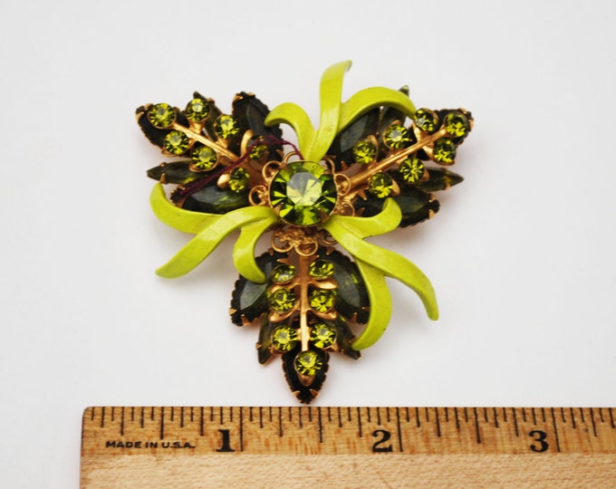 Green Rhinestone Enamel Floral Brooch mid century flower pin