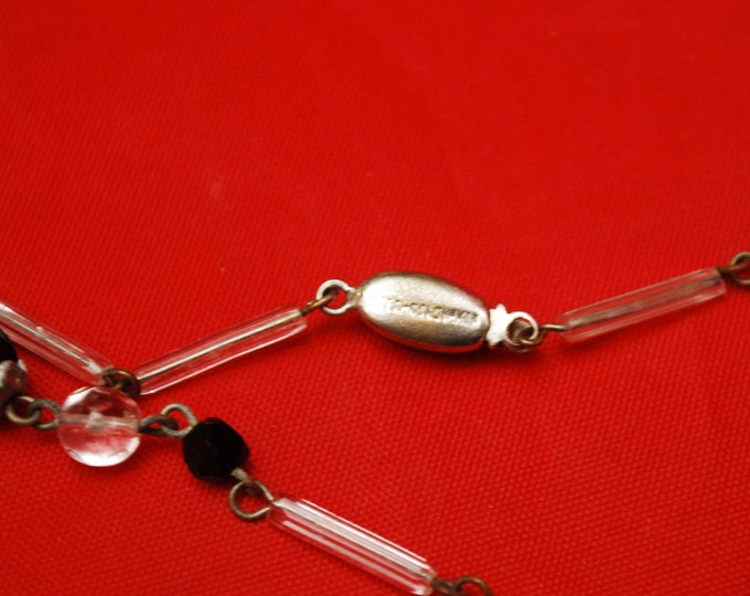 Czech crystal necklace - Glass Pendant - clear and black glass beads - signed