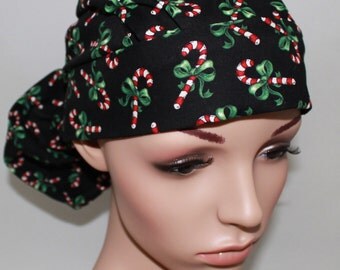 Christmas Candy Canes ,Front Fold Ponytail Surgical Scrub Hat,Or Nurse,Vet, Vet Tech ,Women's Surgical Scrub Hat