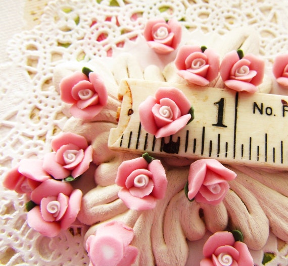 Vintage Pink Rose Bisque Porcelain Cabochons Ceramic Flowers