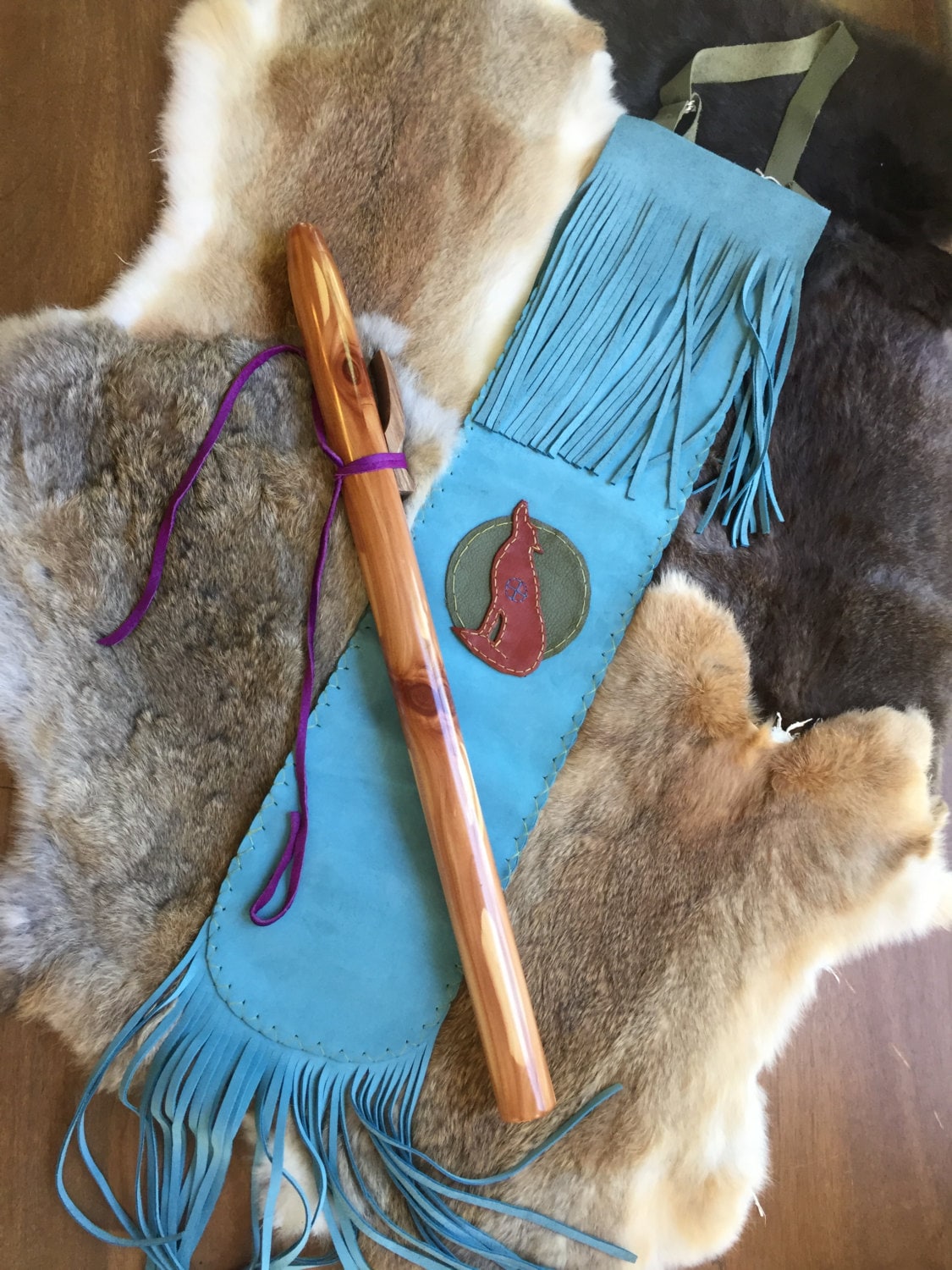 Native American Flute Bag Wolf of Coyote leather hand