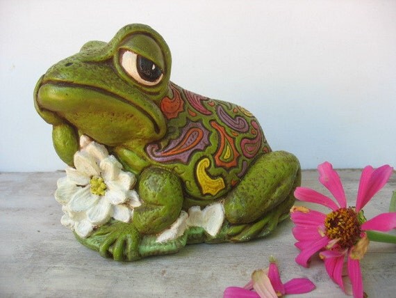 Paisley Frog Statue Psychedelic Figure 1970's Whimsical