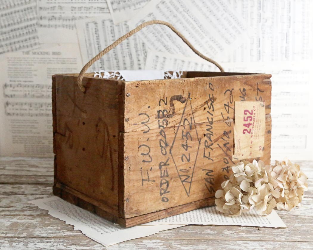Vintage Wooden Crate Wooden Box Rope Handle Rustic Home