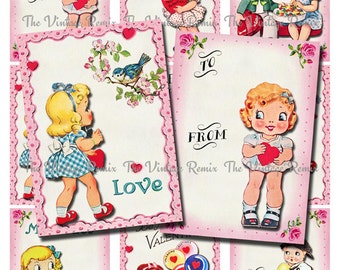Printable Valentine Cards, Instant Download, Digital Collage Sheet of Retro Vintage Kids. Scrapbooking Clip Art. Set of 9.