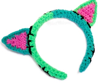 FrankenKitty Cat Headband Spooky Cute Womens Cat Ear Hairband Kids Kitty Ear Headband Cosplay Cat Ears Neon Green Crochet Headband