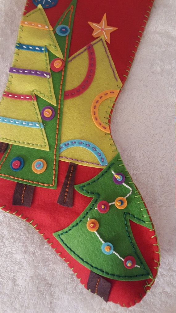 Hand Embroidered Felt Applique Christmas Stocking