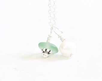 Dainty Seaglass Necklace. Sea Glass Charm Necklace Beach Glass Jewelry with Pearl,