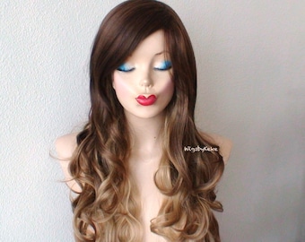 Ombre wig. Brown /Toffee /Dirty blonde ombre wig. Long curly hair long side bangs wig.