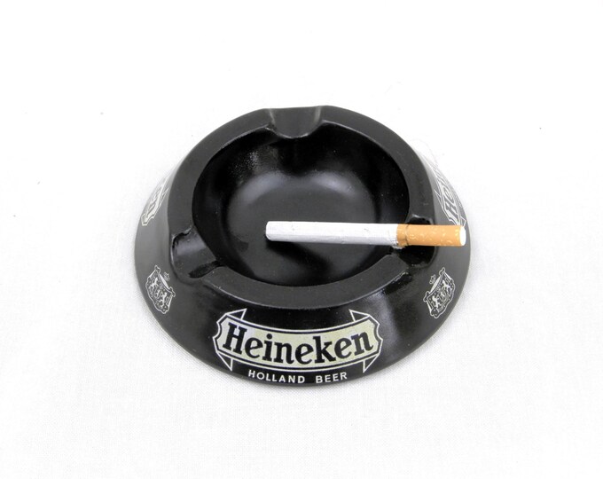 Vintage Heineken Beer Black Glass Ashtray, Mid Century Decor, Retro Vintage Home Interior, Holland Vintage, Man Cave ,Tobacciana, Smoking