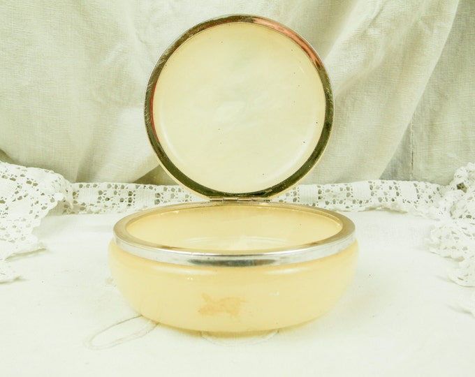 Vintage French Carved Hand Painted Alabaster Stone Lidded Powder Pot, Brocante Boudoir Box from France, Cosmetic Make Up Accessory Vintage French Carved Hand Painted Alabaster Stone Lidded Powder Pot, Brocante Boudoir Box from France, Cosmetic Make Up Accessory
