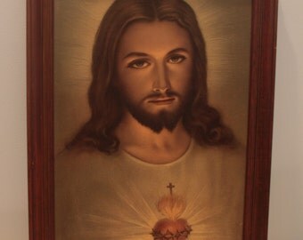 Vintage Jesus with Sacred Heart- Framed Lithograph