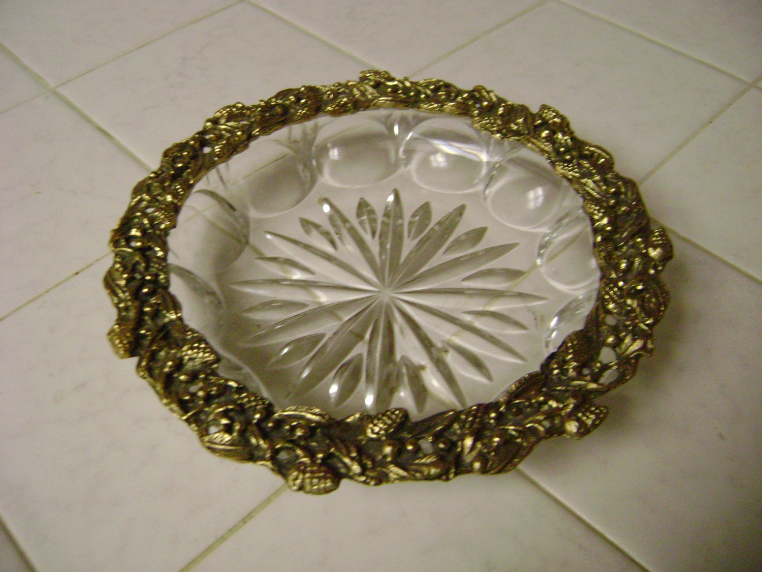 Vintage crystal and brass nut candy dish hollywood regency