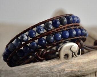 Rustic midnight blue leather wrap bracelet. Bohemian bracelet