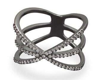 Sterling Silver Triple Row Criss Cross "X" Ring, CZ's Pave, Ruthenium Plated