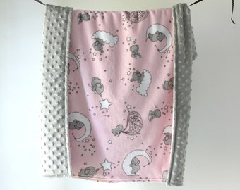 Baby Blanket, Dream Big Pink Elephants Minky with Gray Minky Dot