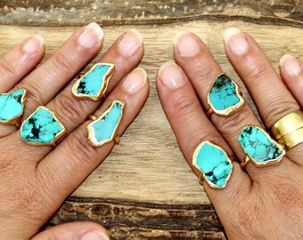 Raw Stone Ring, Turquoise, Gold, Gift For Mom, Girlfriend, Raw Turquoise Ring, Stacking Ring, Turquoise Ring, Turquoise Jewelry, Boho Ring.