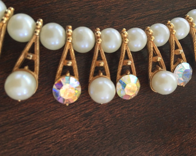 Vintage Choker Necklace, Cleopatra Style, Pearl and Aurora Borealis Rhinestone, 1950s Choker