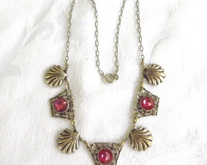 Art Deco Necklace Shell and Filigree Panels Pink Crystal Stones 16" Vintage Jewelry