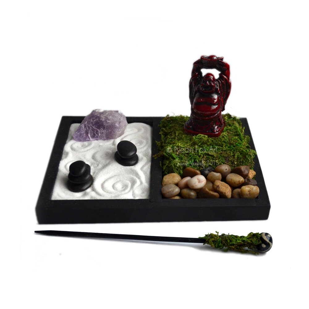 Mini Zen Garden // Laughing Buddha Statue // Desk by NeonFoxArt