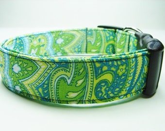 Beautiful Blue & Green Paisley Dog Collar
