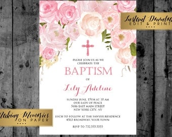 Pink Floral Baptism Invitation. Pink Watercolor Baptism, Christening, Dedication ,First Communion, INSTANT DOWNLOAD, print yourself