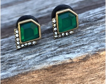 Gold toned art deco green gem rhinestone plugs for gauged ears: 6g 4g 2g 0g 4mm 5mm 6mm 8mm
