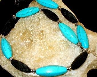 1 turquoise and lava Pearl Necklace 50cm (9)