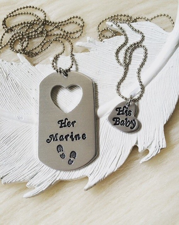 Her Marine Hand Stamped Dog Tag USMC Necklace SET by mReeJewels
