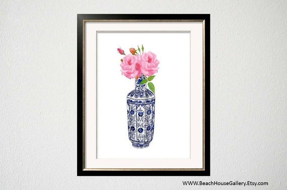 Blue White Chinoiserie Vase with Pink Roses Palm Beach Chic