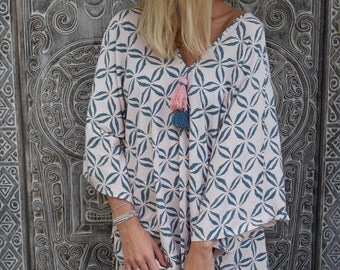 Ladies Kaftan Dress, Navy & Pale Pink Coffee Bean Caftan Summer Dress with tassels - Loose Fitting Dress