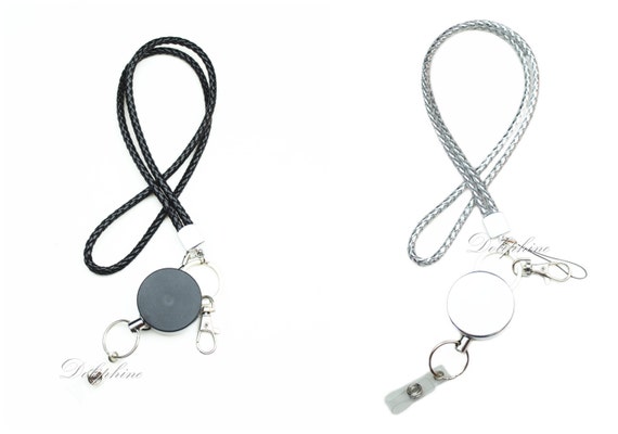 Black/Silver Braided Leather Lanyard with Metal Retractable Badge Reel key ring