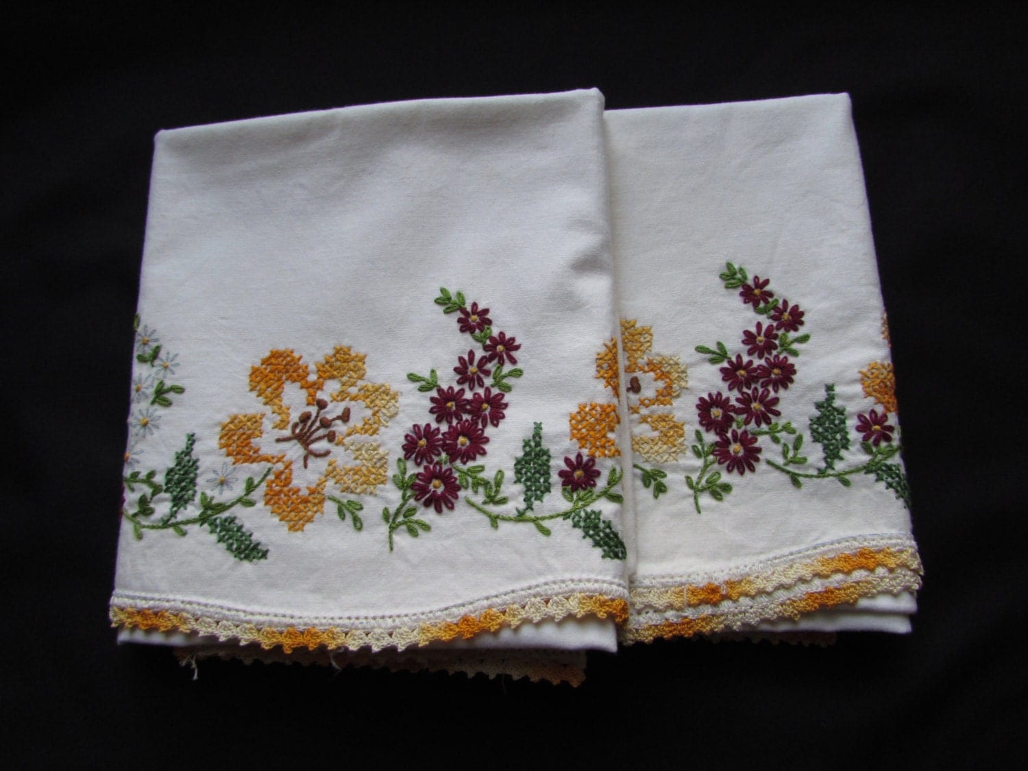 Vintage Embroidered Pillowcases Set of 2 Yellow Gold Flowers