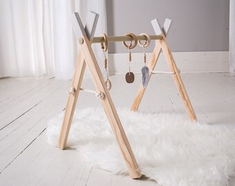 Baby Play Gym with Mobile Accessories - Grey Baby Gym - Baby Activity Gym - Wooden Baby Play Gym - Activity Gym - Baby Gift - Gender Neutral