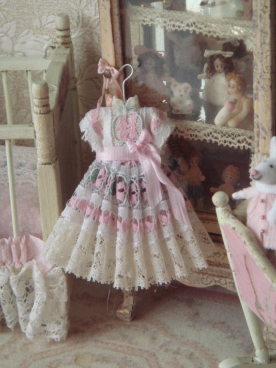 Dollhouse Brocade lace girl dress on hang. 112 dollhouse