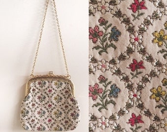 vintage tapestry handbag // vintage needlepoint bag // vintage floral tapestry purse // pastel floral bag // gold chain