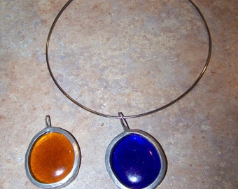 Items similar to Art Deco Style Pendant Necklace. Cobalt Blue and Peach ...