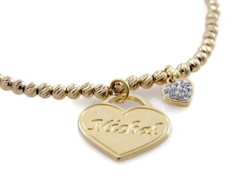 Name bracelet. Heart gold bracelet. Gold heart bracelet. Beaded name bracelet. Personalized bracelet. Gold plated brass bracelet.