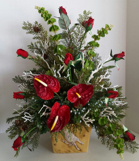 Winter Evergreen Bells of Ireland Red Roses and by FloralsAndFlair