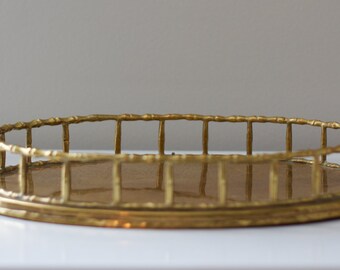 Vintage Brass Oval Bamboo Tray