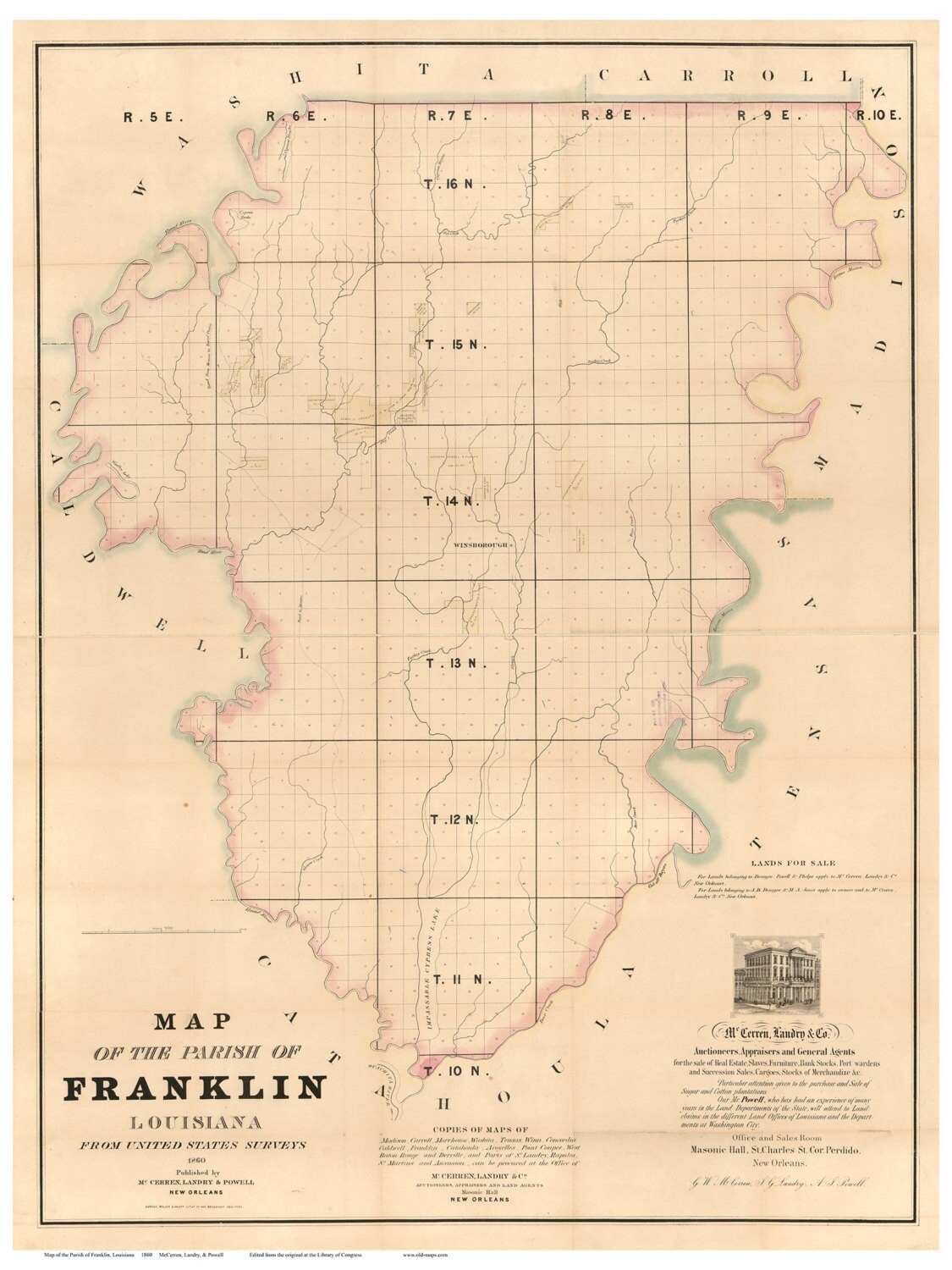 Franklin Parish Louisiana 1860 Old County Wall Map with