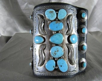 Huge Wonderful Navajo 1950's/1960's Sterling Silver & Robins Egg Blue Turquoise Bow Guard or "Ketoh" Bracelet!!!!