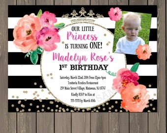 Princess Birthday Invitation, Black & White Stripe Floral 1st Birthday Party Invitation, Gold Glitter Watercolor Photo Invitation