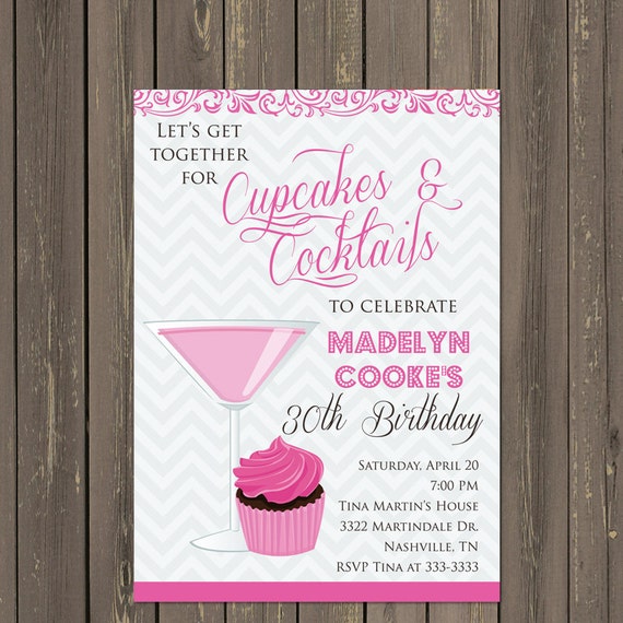 Cupcakes & Cocktails Adult Birthday Invitation, Womens Birthday Party Invitation, Chevron Birthday, 21st, 30th, 40th, 50th, Printable or DIY Il_570xn