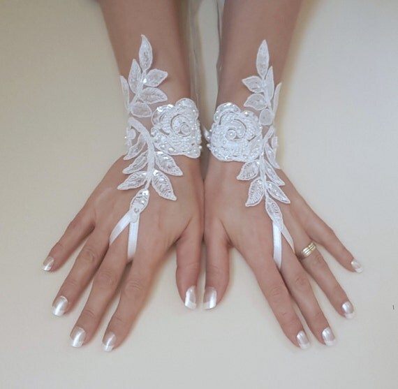 Beaded bridal glove wrist cuff flower rose wedding trend lace gauntlet guantes bridal accessories ivory or white or ivory silver frame