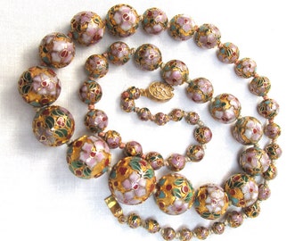 Cloisonne Necklace Graduated Floral Chinese Beads w Fancy Clasp