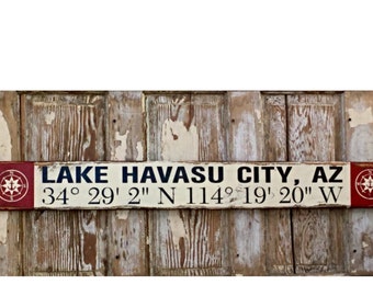 Personalized GPS Coordinate Sign. Distressed Rustic Wood Sign 5.5x48. Can be customized to your favorite town, home or business address.