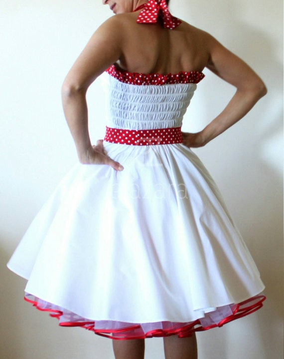 50s petticoat dress rockabilly dress in white with red